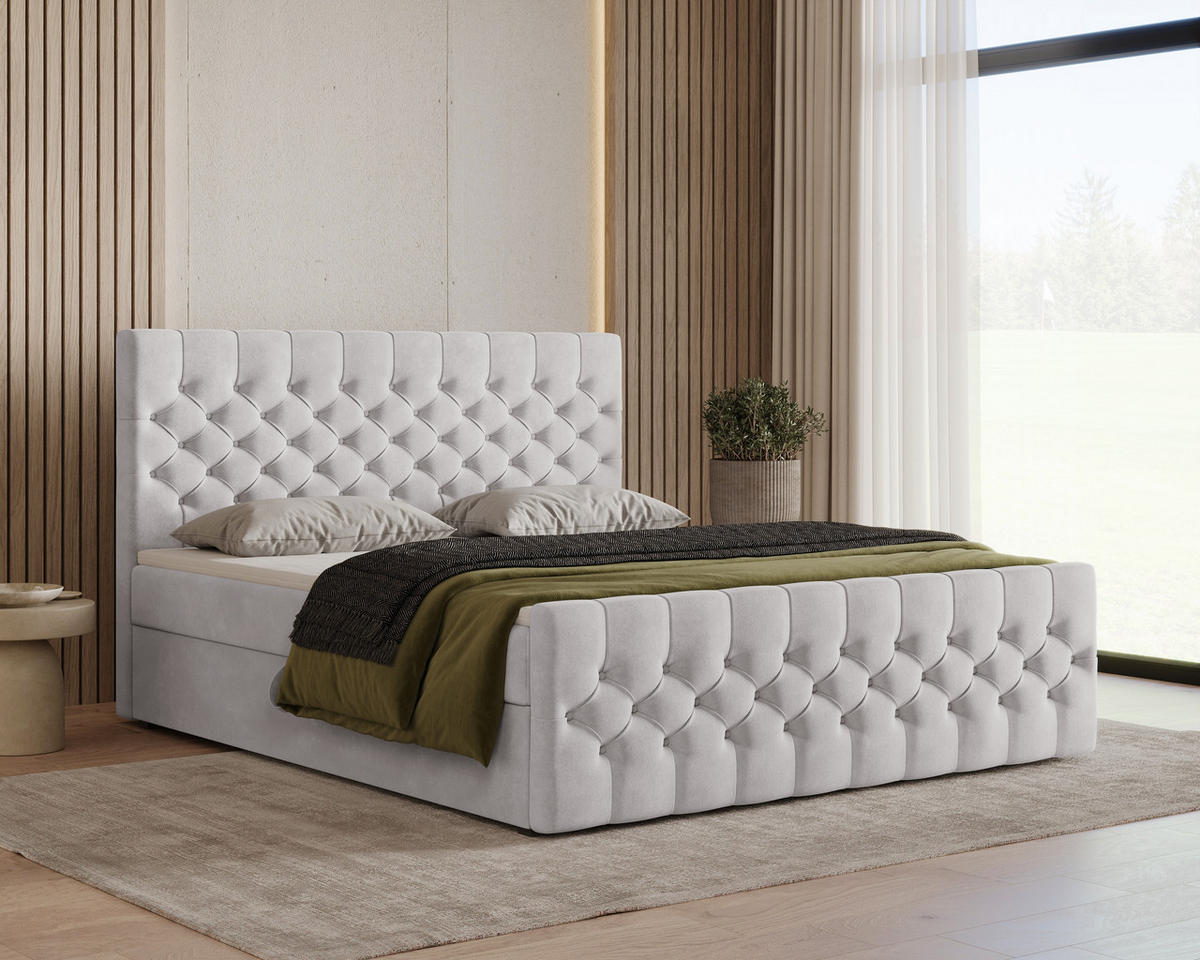 BOXBETT 12 160 x 200 cm - Manila - Modernes Polsterbett mit Bettkasten inkl. PU-Schaum-Topper und Federmechanismus - Silberfarben, Holz (160/200cm) - ROYAL24_MARKT