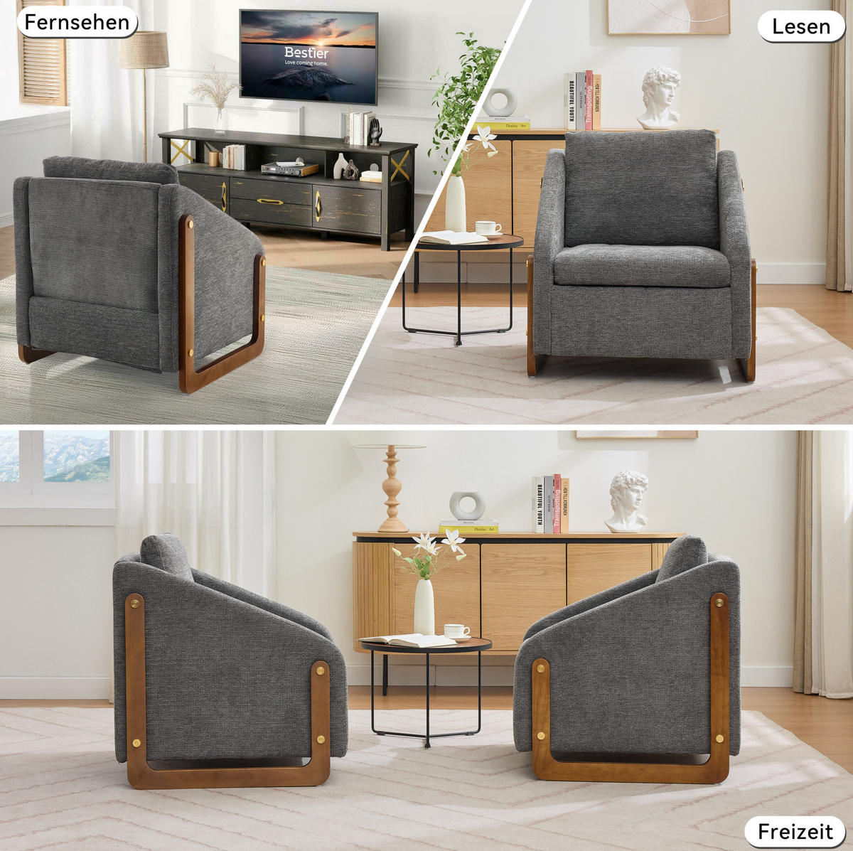 SESSEL 73,5/73,5/73,5 cm aus Chenille mit Holzarmlehnen in Grau - Grau, Textil (73.5/73.5/73.5cm) - BEAOK