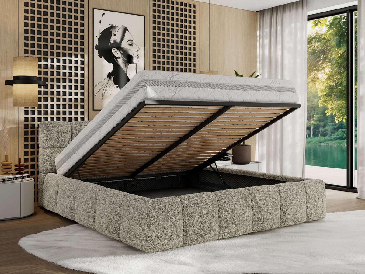 POLSTERBETT NIRA CLASSIC 160/200 - Beige Strukture - Pocket-Matratze - Beige, Textil (160/200cm) - MKS