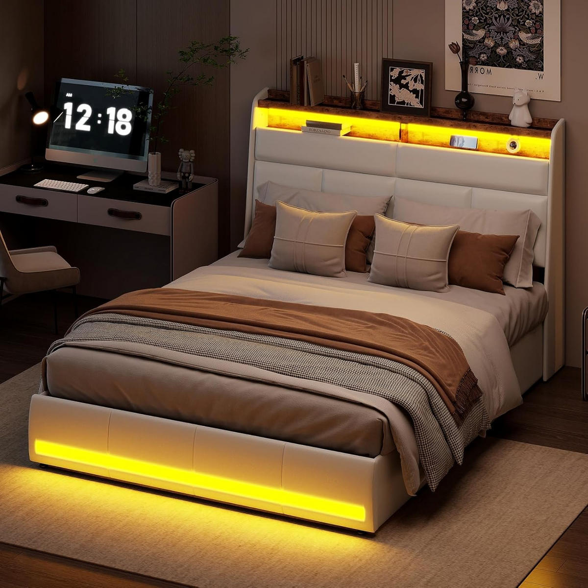 POLSTERBETT LED Stauraum Weiß 140/200 cm - Weiß, Holzwerkstoff - Kaket