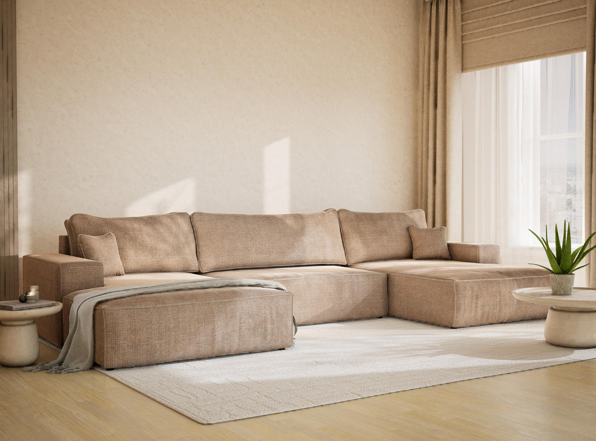 WOHNLANDSCHAFT Deseo Beige Chenille-Stoff - Beige/Schwarz, Holz/Holzwerkstoff (398/70/148cm) - Maison de Reve