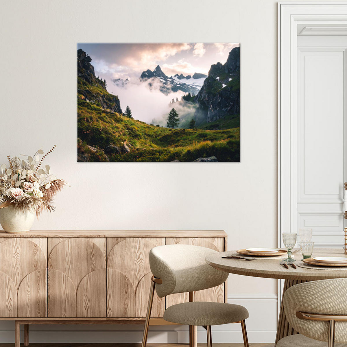 LEINWANDBILD Landschaft Aussicht Berge Wald Nebel Natur 120x80cm - Grün, Textil (120/80cm) - Feeby