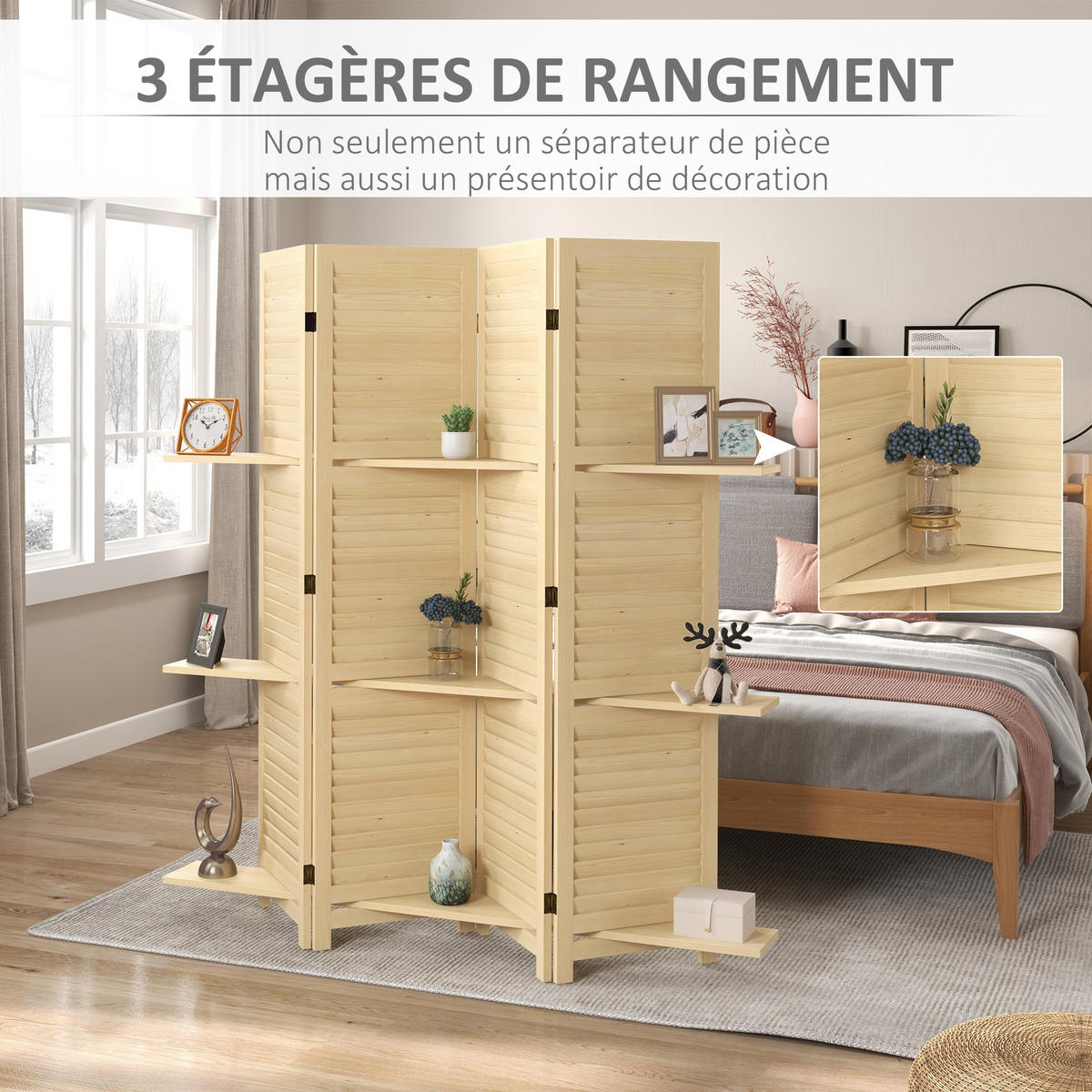 PARAVENT DE-14258 4-teilig, klappbar, mit 3 Regalböden Natur - Naturfarben, Holz (160/160/1.9cm) - ComfortXL