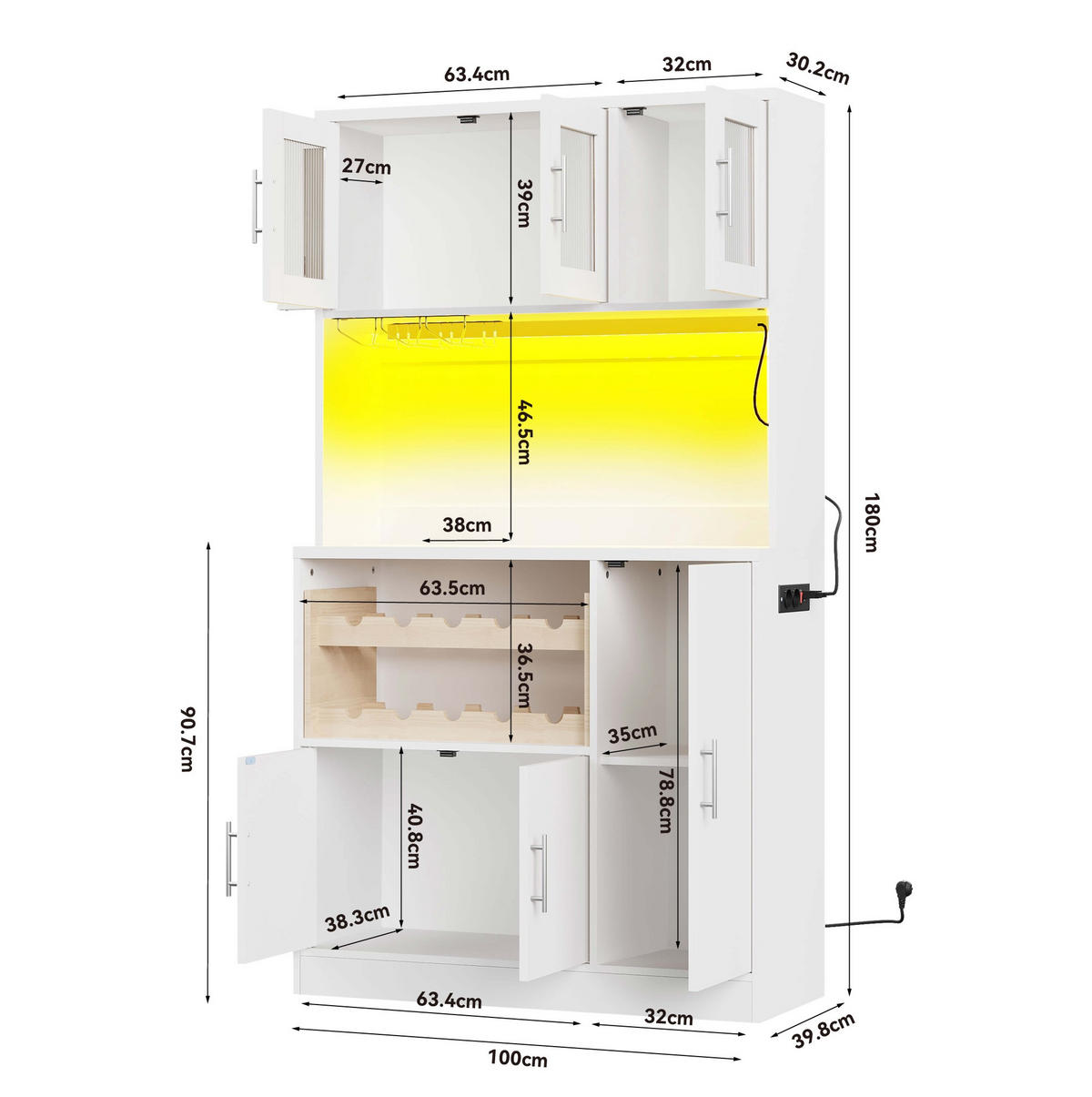 BUFFET aus MDF 100x40x180 cm Weiß mit RGB-LED, Steckdosenleiste, Weinglashalter und Weinregal - Weiß, Holzwerkstoff (100/180/40cm) - Modfu