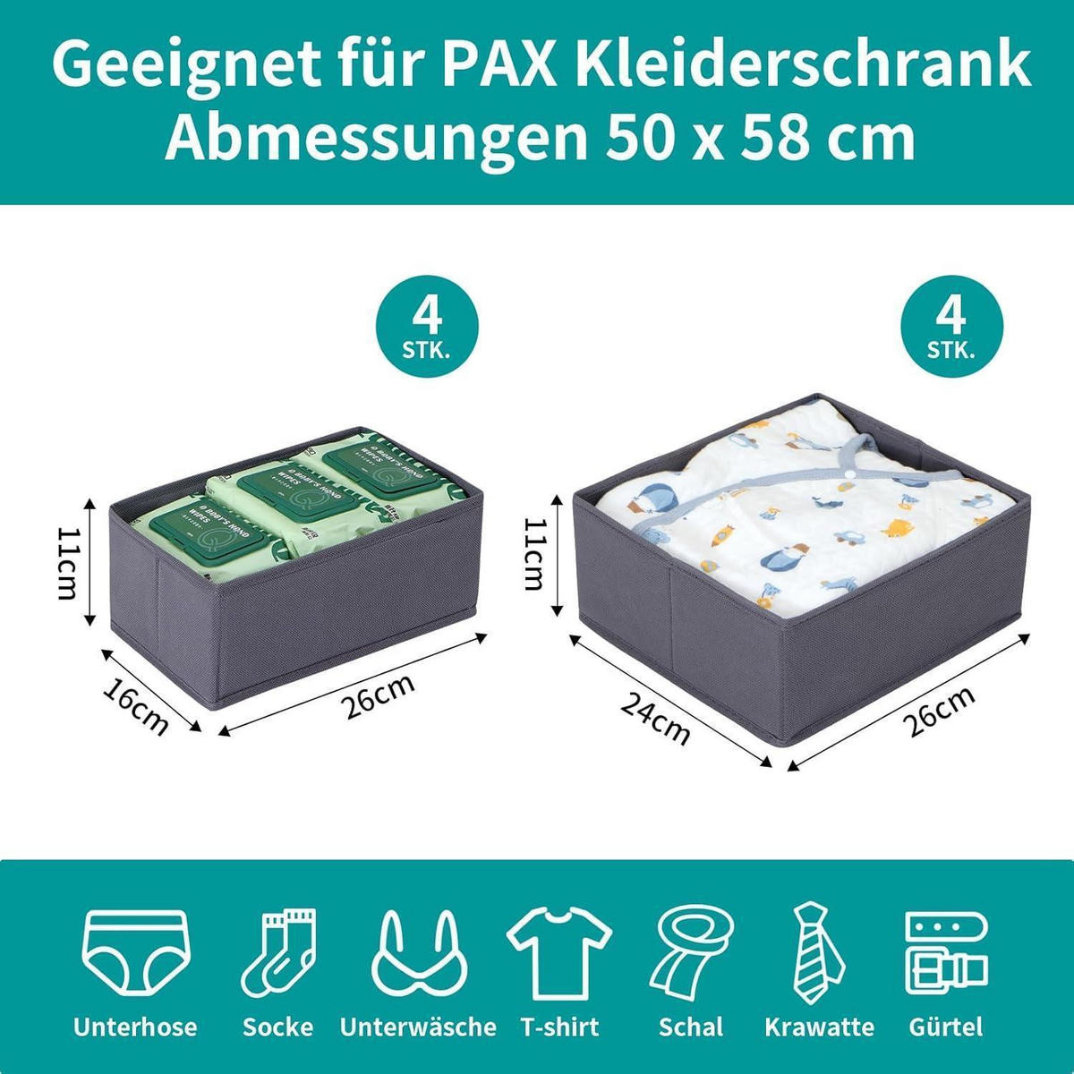 SCHUBLADEN Organizer 8er Set Grau für PAX Kleiderschrank 50x58 cm - Grau, Textil (24/11/26cm)