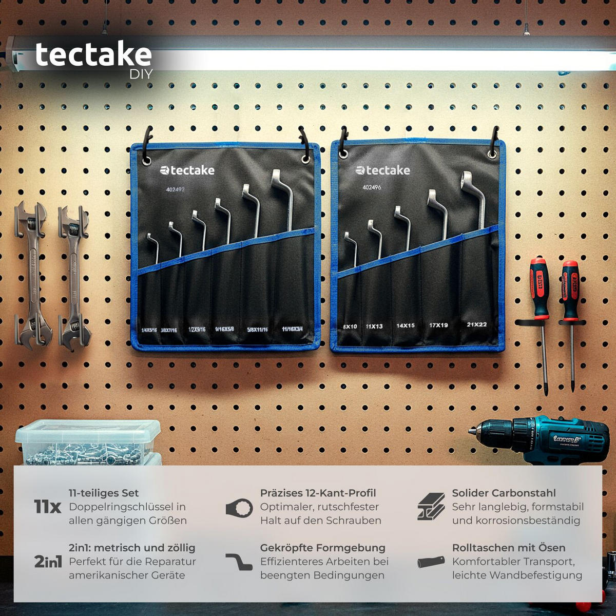 DOPPELRINGSCHLÜSSELSET ,inklusive 2 Rolltaschen mit Ösen,schwarz/silber - Silberfarben/Schwarz, Metall (37/8/7cm) - tectake