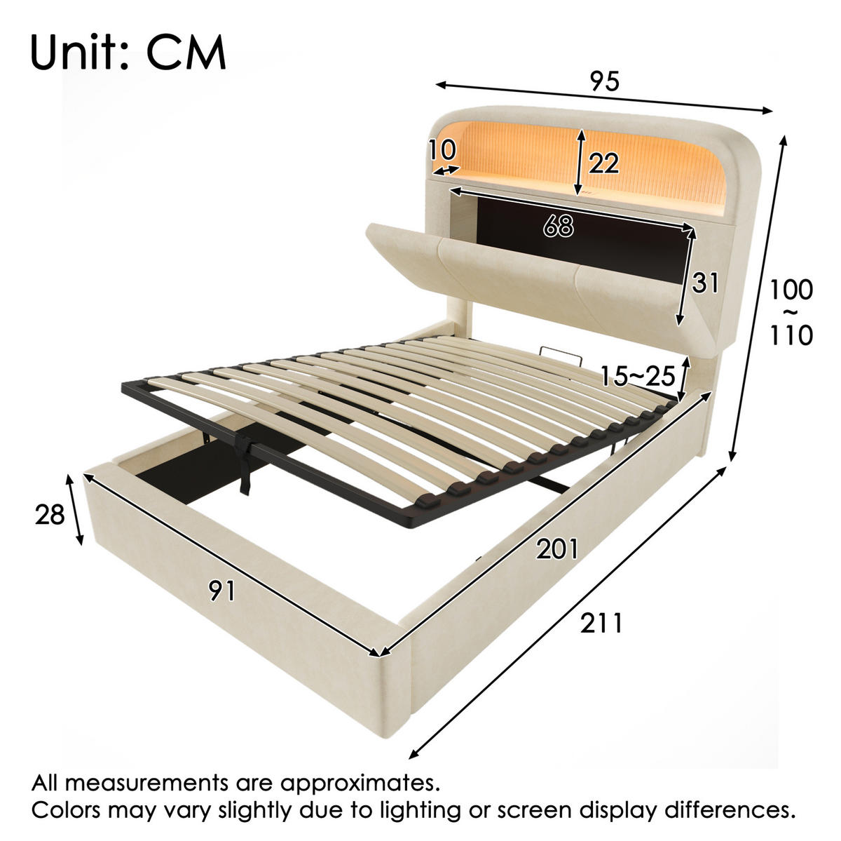 BETT mit Stauraum 90x200 cm Samt Beige inkl. Matratze - Beige, Metall (90/200cm) - Meubliv