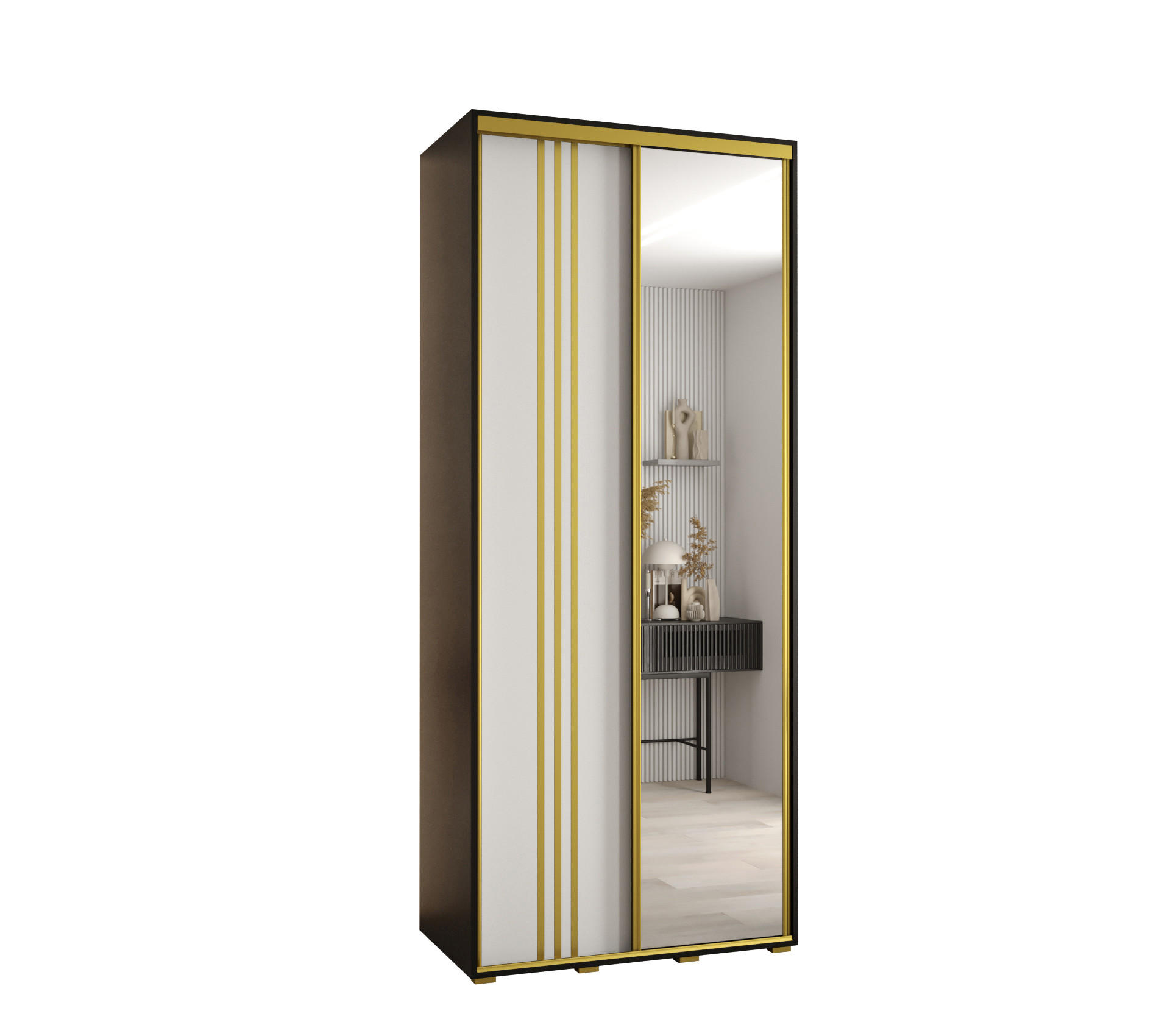 Abiks Möbel Schwebetürenschrank Schwarz, Weiß, Gold 110x235x60 cm