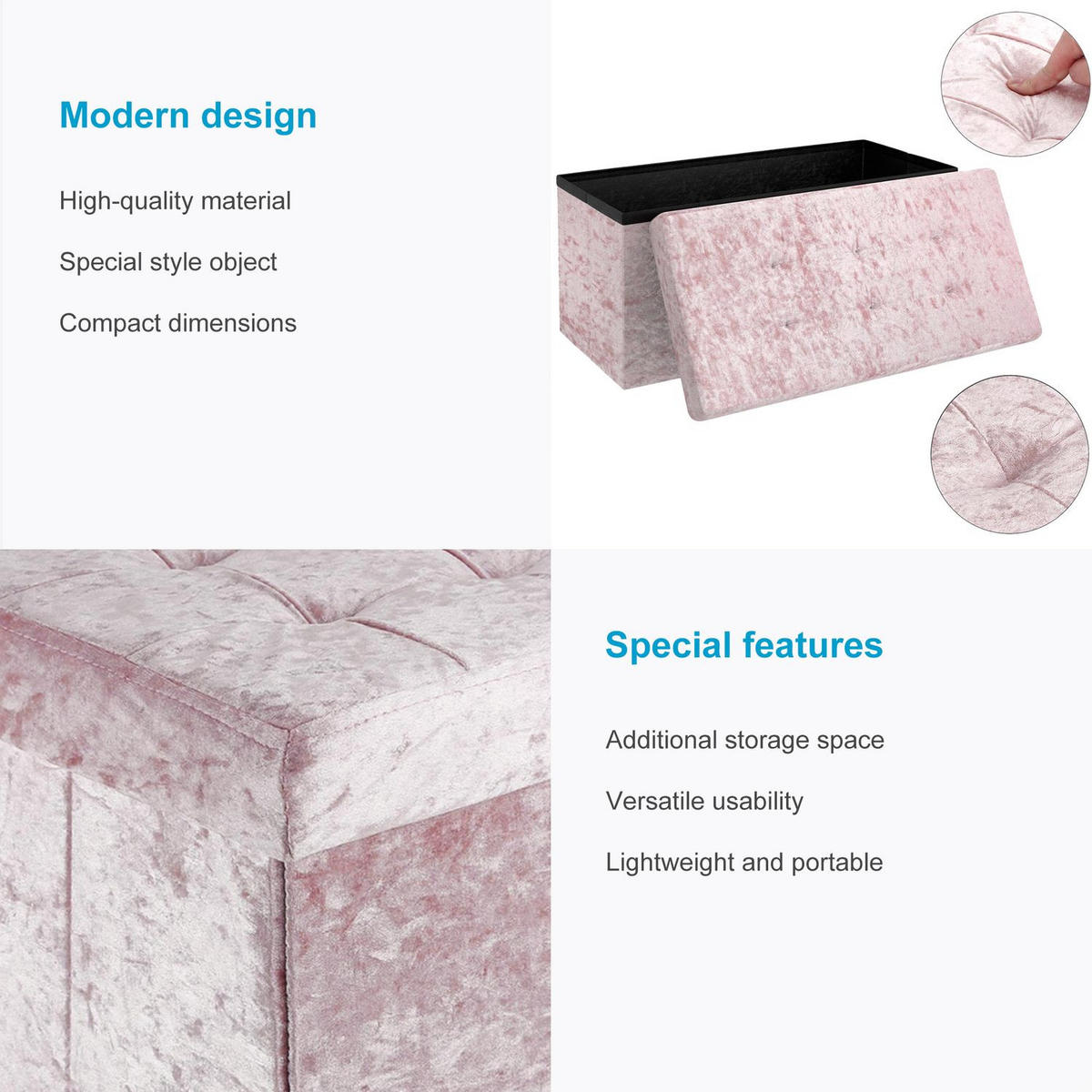 SITZBANK Faltbar mit Samtbezug 76/38/38 cm (Rosa) - Rosa, Karton (38/38/76cm) - Intirilife