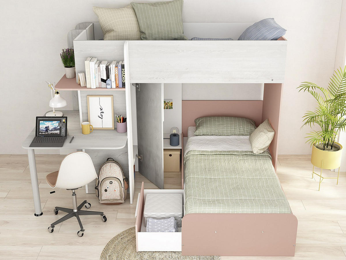 ETAGENBETT - 2 Personen - holz - hellgrau, puderrosa Samuel - Hellrosa/Hellgrau, Holz (90/190cm) - Vente-Unique