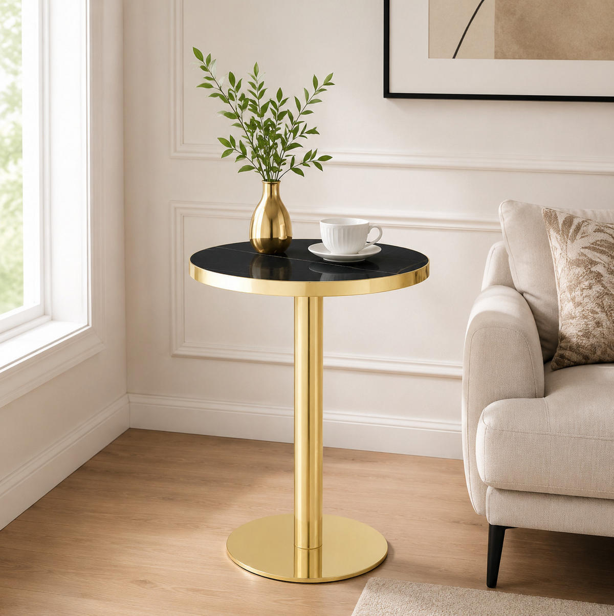 BARTISCH in Schwarz|Goldfarben Beistelltisch mit Marmoroptik-Tischplatte und Edelstahlgestell, B60/T60/H74cm - Goldfarben/Schwarz, Holzwerkstoff/Metall (59.5/59.5/73.5cm) - STILVORA