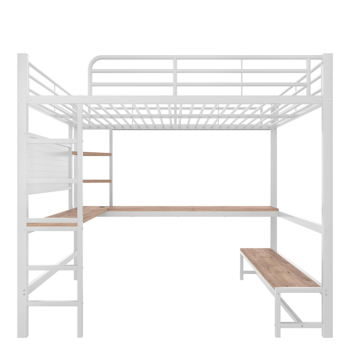 HOCHBETT 140/200 cm in Weiß mit Schreibtisch, Ablagen, LED und USB/Type-C Metallbett - Weiß, Holzwerkstoff/Metall (140/200cm) - STILVORA