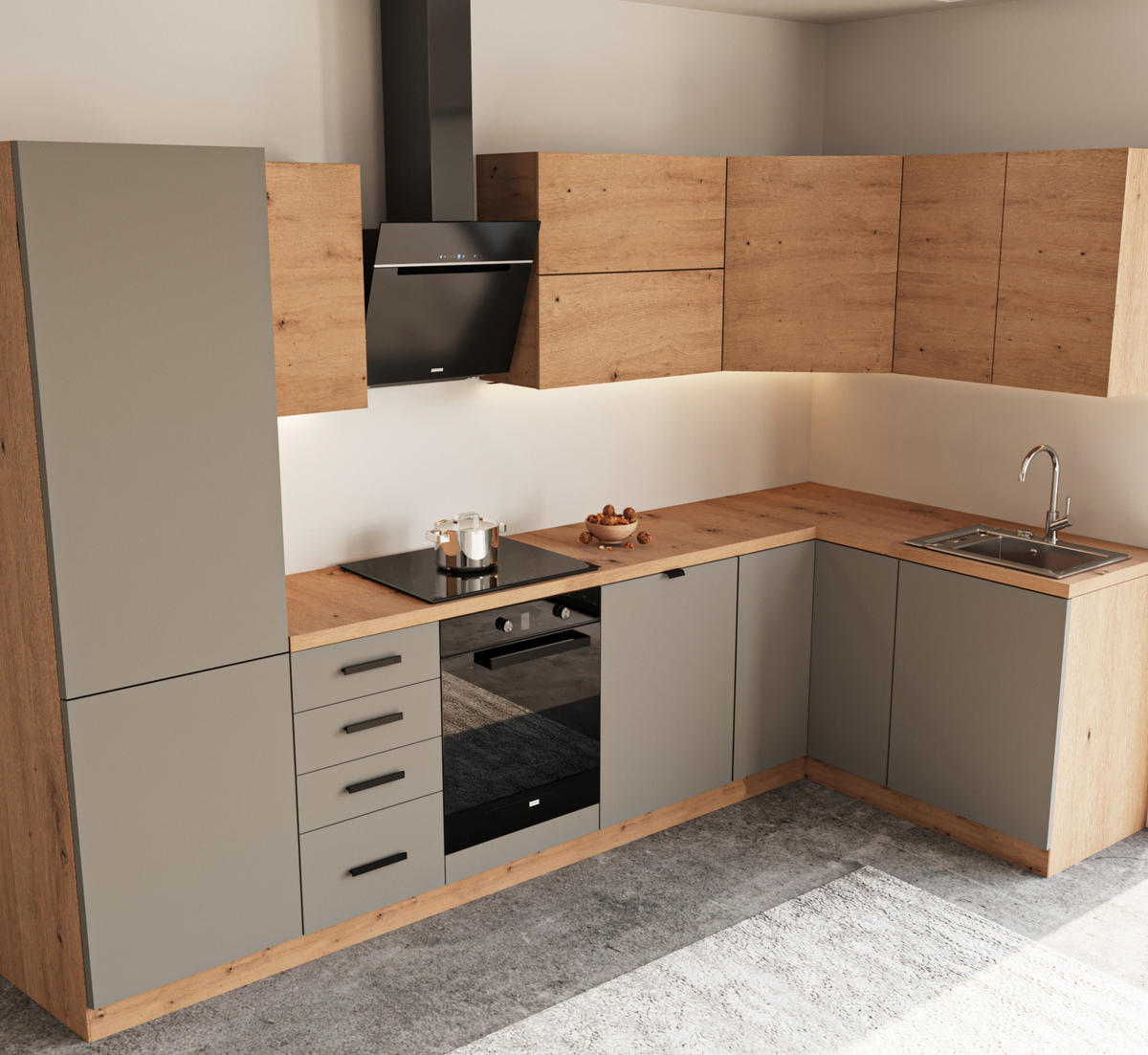 WINKELKÜCHE 300 cm x 140 cm - Langen KL6-M300 - in Beige / Artisan Eiche - Beige/Schwarz, Holz/Holzwerkstoff (440/212/58cm)