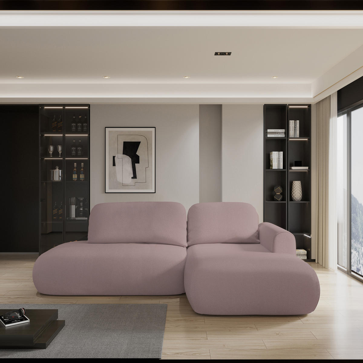 ECKSOFA NUVIRA R-S Rosa Geflochtener Stoff mit Schlaffunktion - Rosa, Holz (274/165cm) - MASSENO