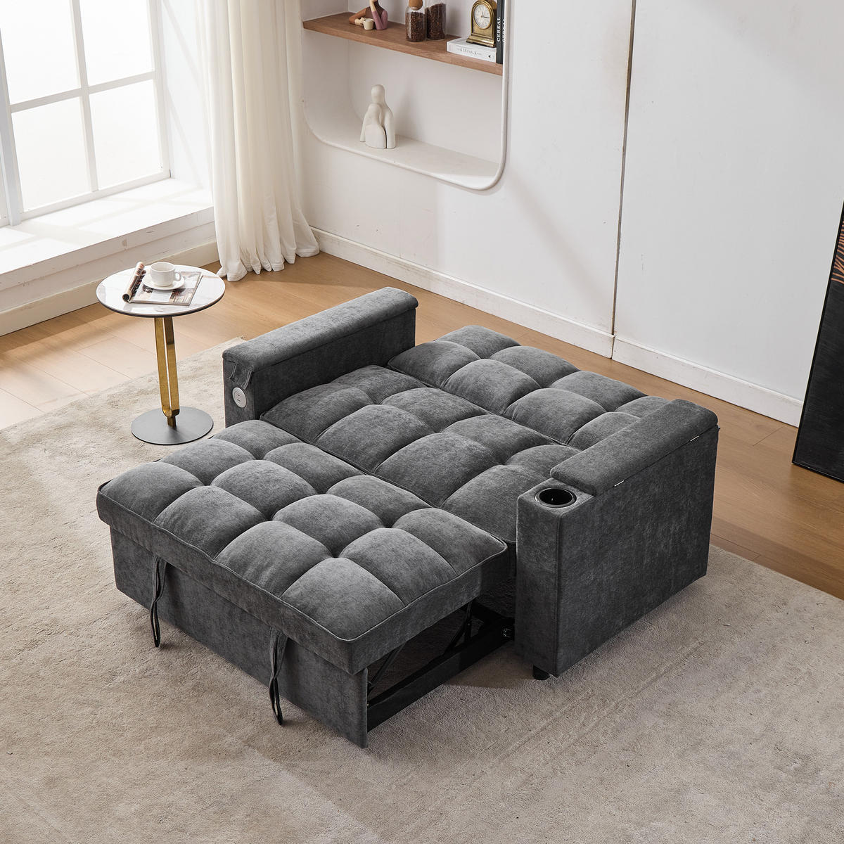 SCHLAFSOFA 140.5/74/82 cm Grau mit USB-Anschluss, verstecktem Tisch und Getränkehalter - Grau, Textil (140.5/82/74cm) - Oxeza