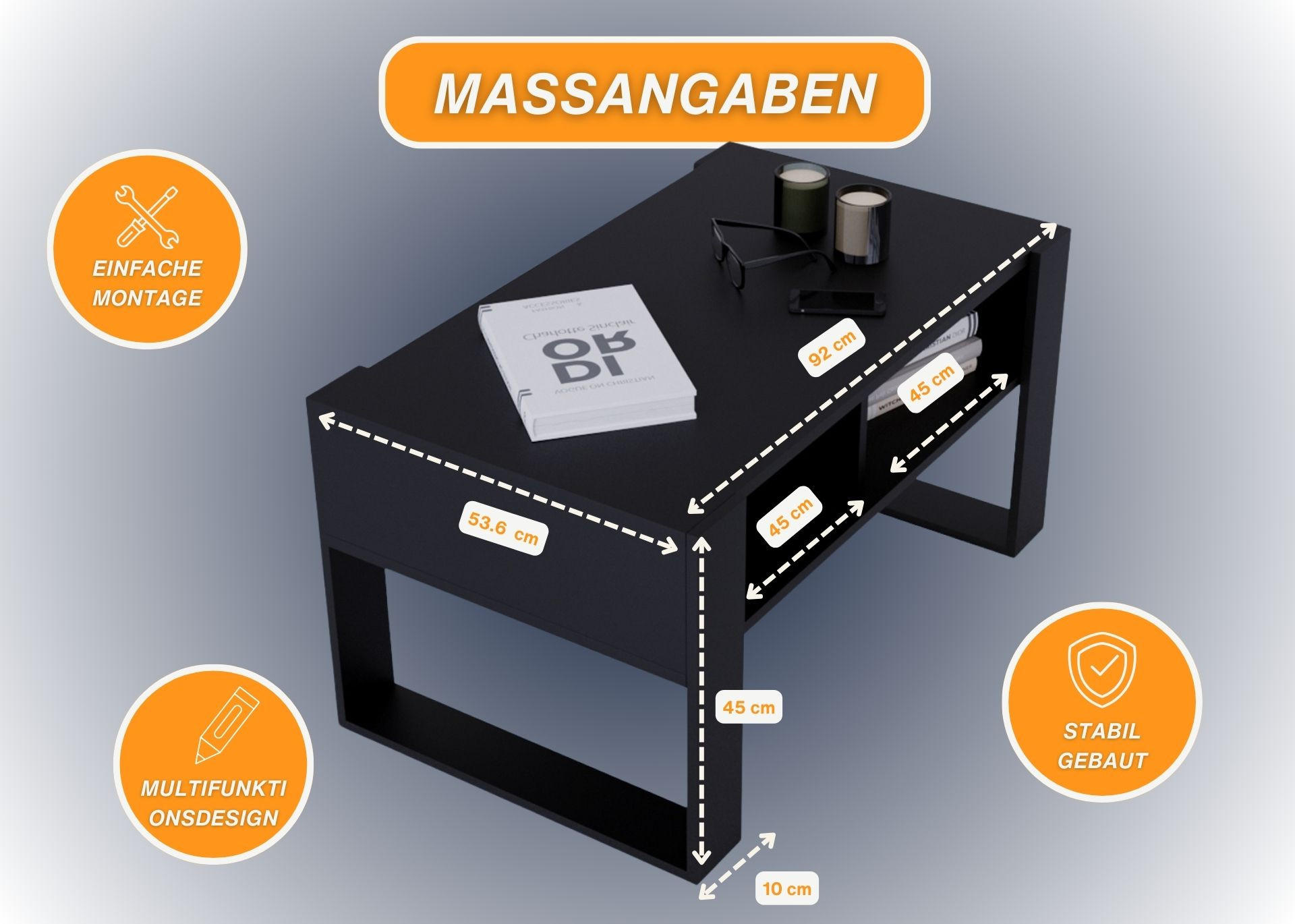 COUCHTISCH Holzwerkstoff rechteckig stabil Schwarz 45/53,6/92cm - Schwarz, Holzwerkstoff (53.6/92/45cm) - CraftPAK