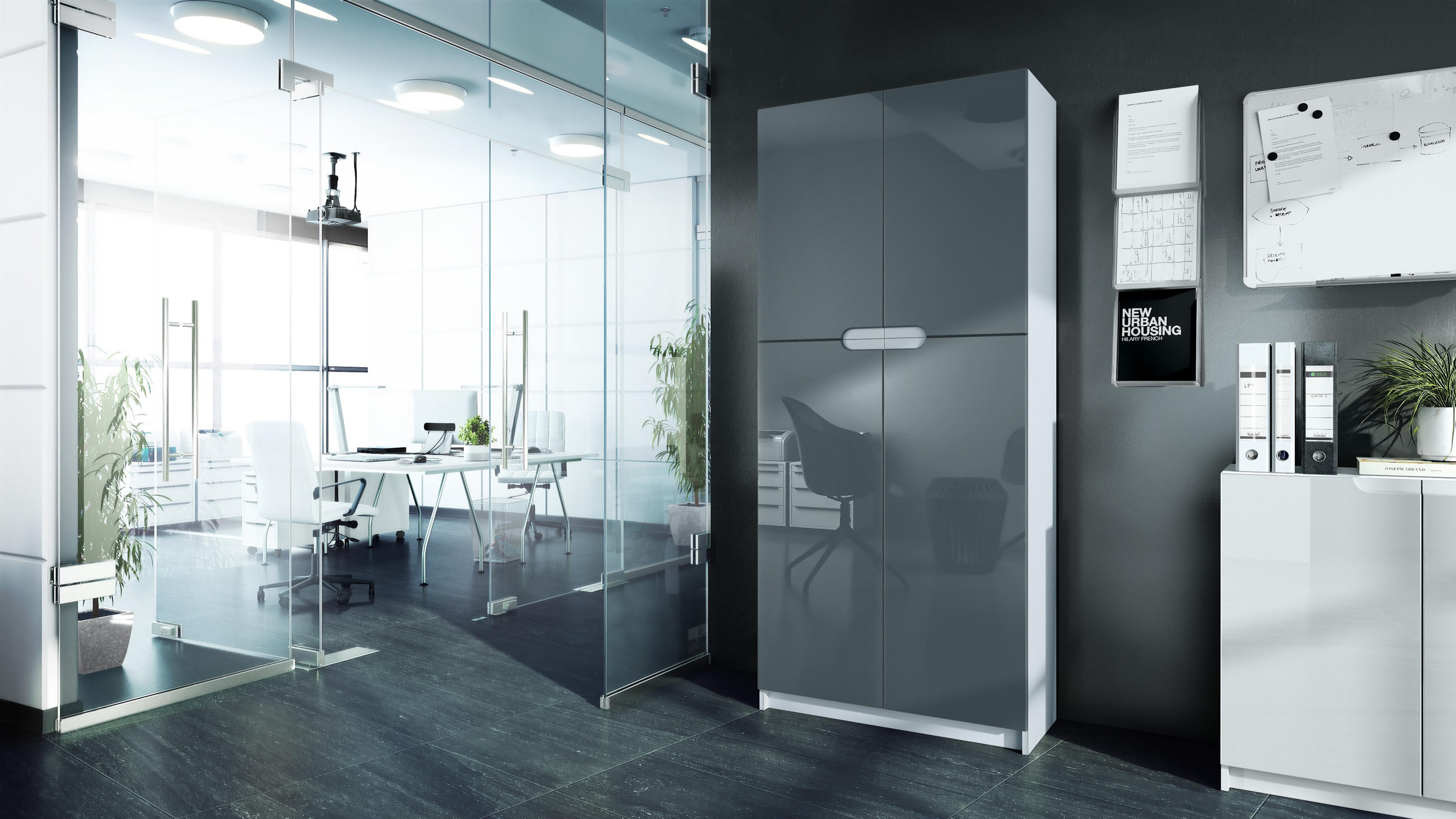 BÜROSCHRANK Logan Fronten in Grau Hochglanz - Grau, Holzwerkstoff (82/185/37cm) - Vladon