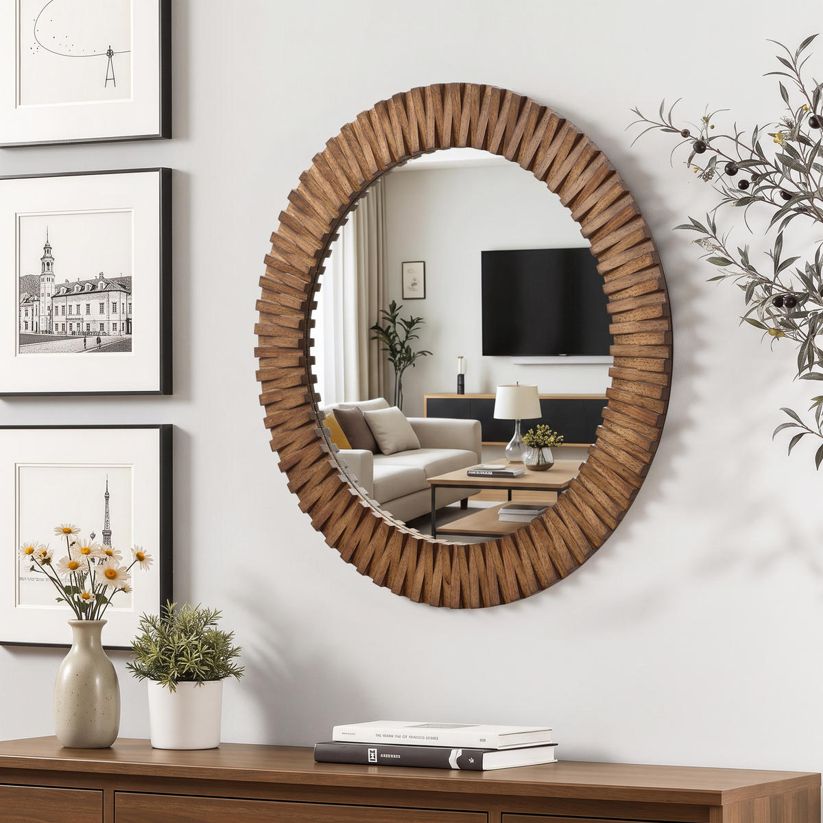 SPIEGEL rund Ø 74 cm mit Eichenholzrahmen - Alteiche, Glas/Holz (74/3.5/74cm) - Hometopia