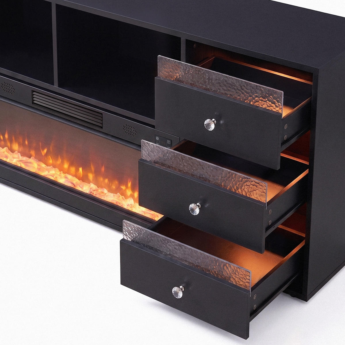 TV-SCHRANK mit Elektrokamin Beleuchtung RGB Lowboard 6 Schubladen Schwarz 180/40/65CM - Schwarz, Metall (180/65/40cm) - VANITII