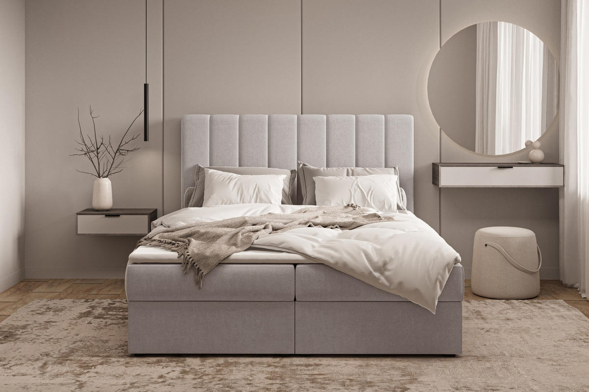 BOXBETT 01 140 x 200 cm - Manila – Stilvoll und bequem Mit Bettkasten, PU-Topper, Federmechanismus, waschbarer Bezug - Silberfarben, Holz (140/200cm) - ROYAL24_MARKT