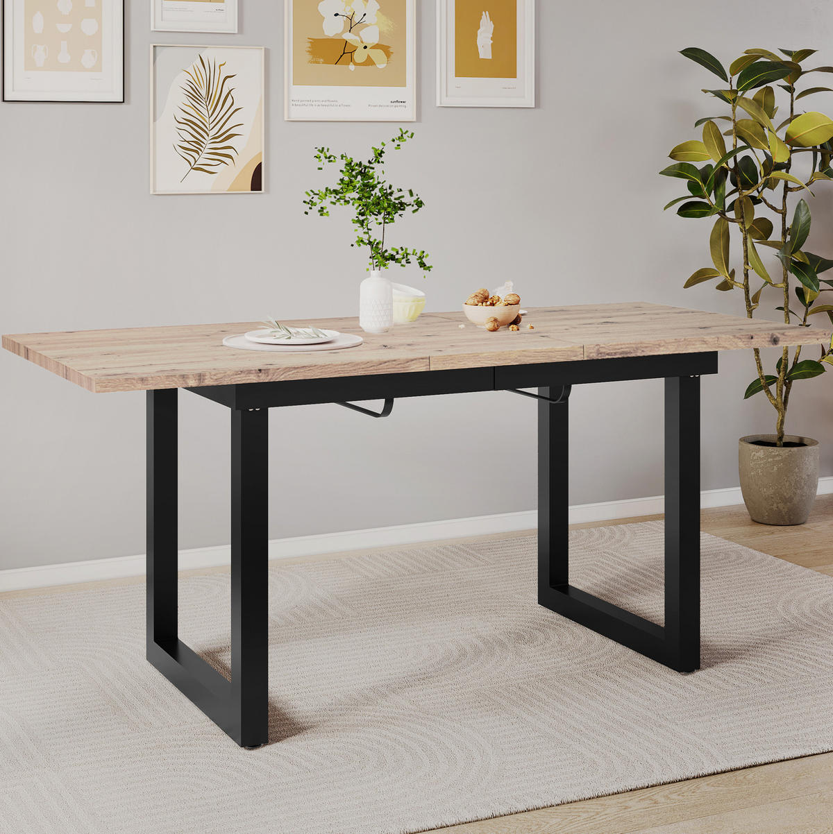 ESSTISCH ausziehbar Industrial-Stil MDF Schwarz + Natural - Schwarz, Metall (180/80/75cm) - Meubliv