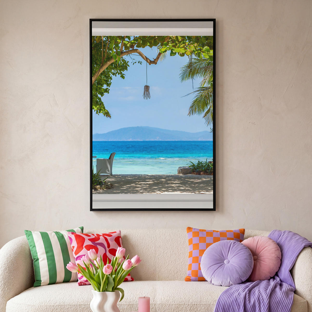 LEINWAND Bilder mit Rahmen - Aussicht - Baum - Meer - Palme - Hügel - Strand - Blau - 80x120 - Blau, Textil (80/120cm) - MuchoWow