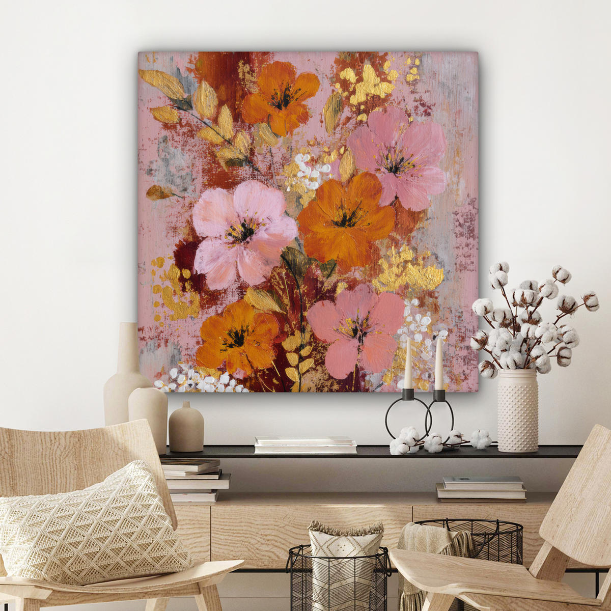 LEINWANDBILD Malerei - Blumen - Rustikal - Rosa Deko Groß 90x90 cm - Altrosa, Textil (90/90cm) - MuchoWow