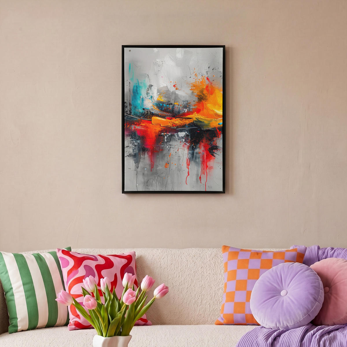 LEINWAND Bilder mit Rahmen - Moderne Kunst - Orange - Grau - Abstrakt - 40x60 - Hellgrau, Textil (40/60cm) - MuchoWow