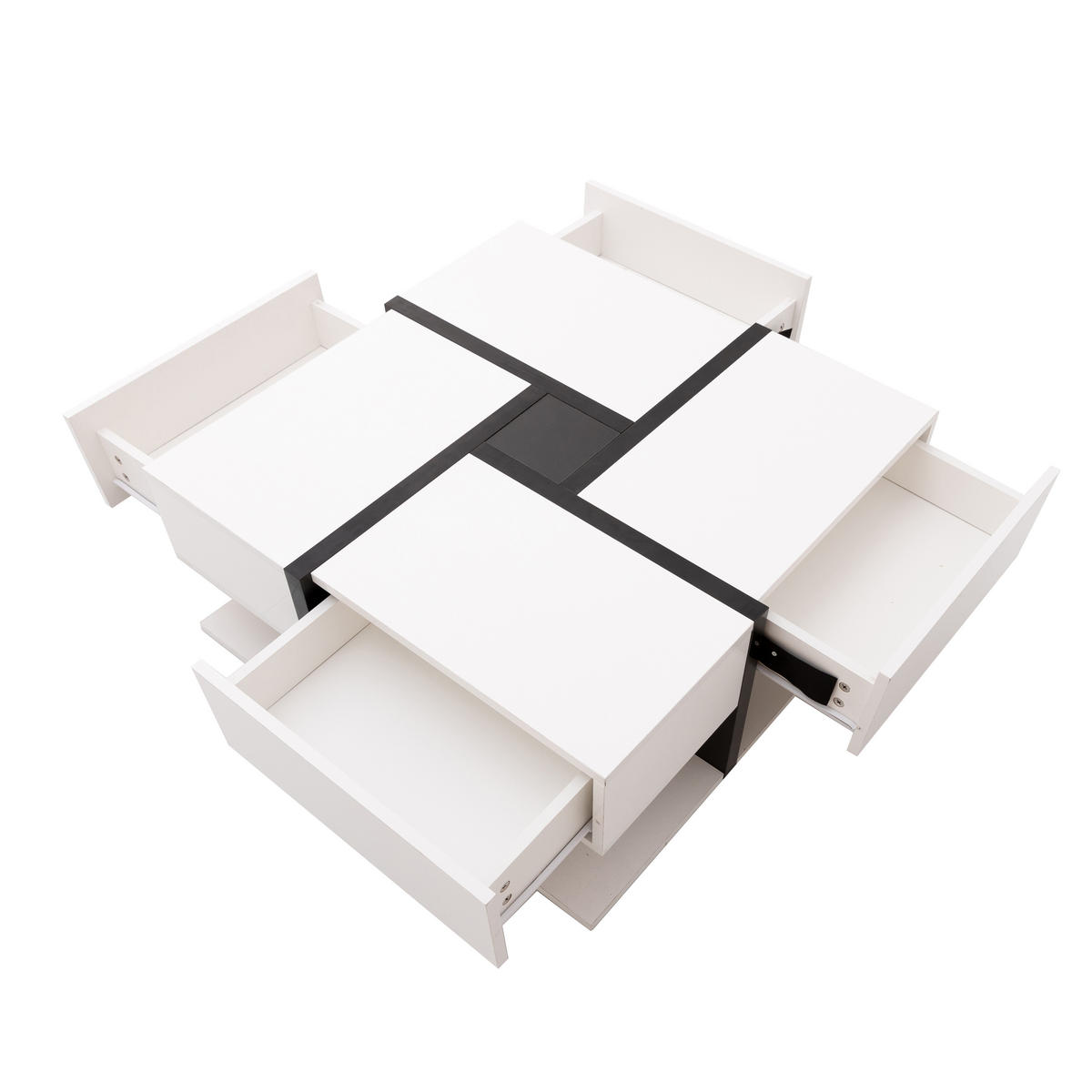 COUCHTISCH Hochglanz Weiß & Schwarz Quadratisch mit 4 Schubladen & Stauraum - Weiß, Holzwerkstoff (78/78/36cm) - Urban Meuble