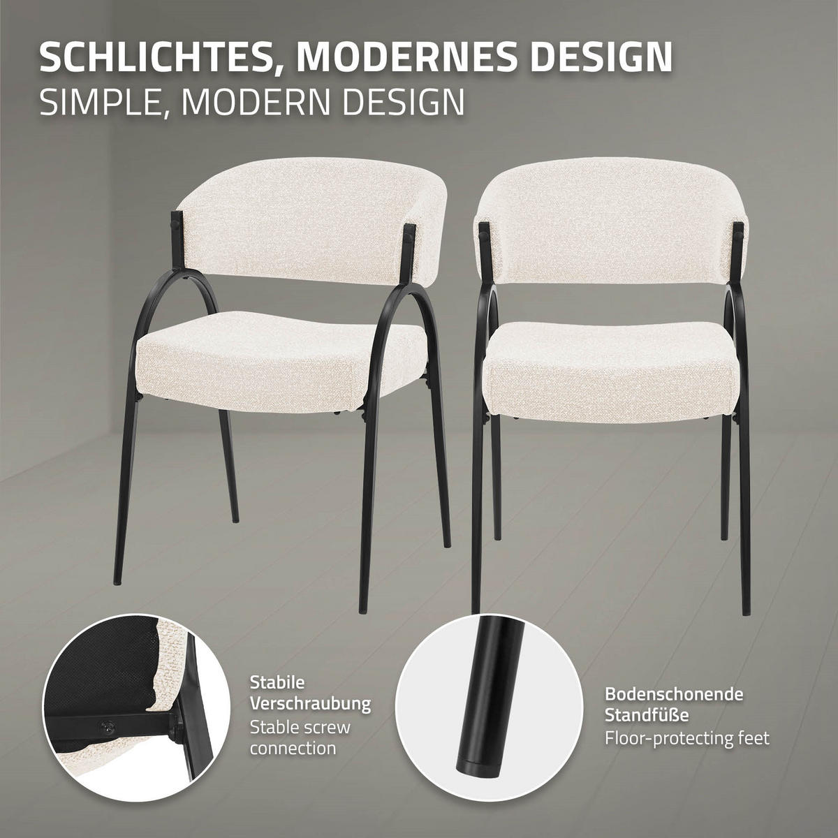 ESSZIMMERSTUHL 2er Set Küchenstühle gepolstert mit Webstoff-Bezug und Arm- und Rückenlehne Beige - Beige/Schwarz, Textil/Metall (54/81/65cm) - ML-DESIGN