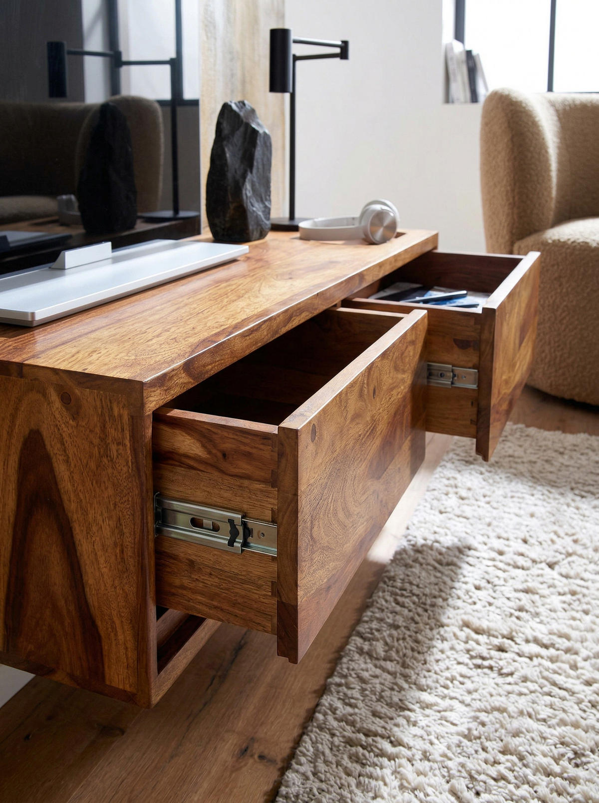 LOWBOARD Hängend Massivholz Modern Stil mit 2 Schubladen - Braun, Holz (108/25/34cm) - KADIMA DESIGN