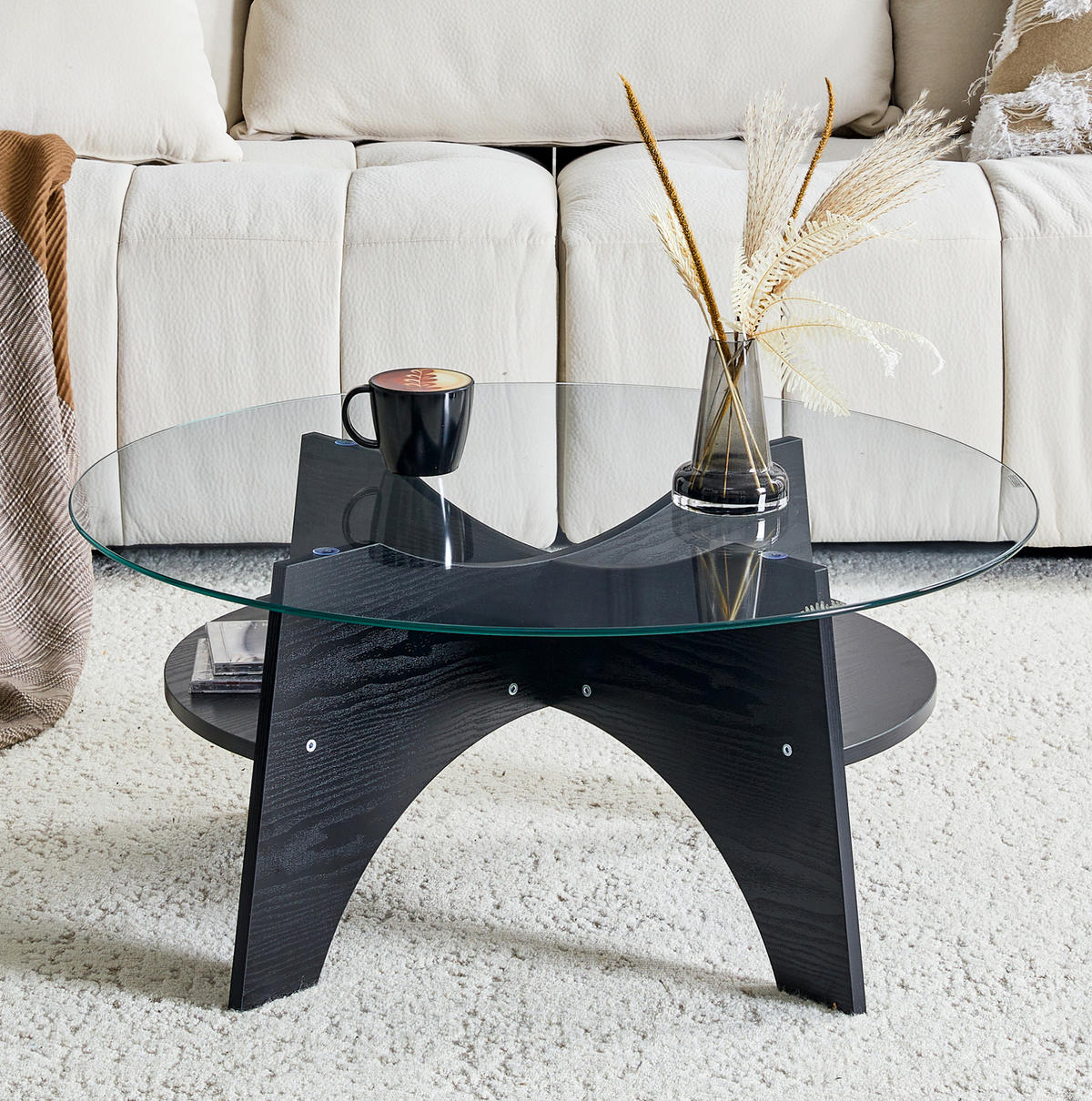 BEISTELLTISCH Ø 80/36 cm aus Sicherheitsglas mit fächerförmigem MDF-Gestell, Schwarz/Transparent - Schwarz, Holzwerkstoff (80/80/36cm) - Redom