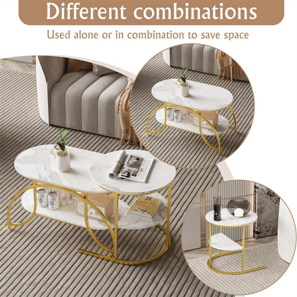 COUCHTISCH 2er-Set - Ovaler und Runder Beistelltisch mit Ablage in Marmoroptik - Weiß und Gold - Goldfarben, Holzwerkstoff (46/80/45cm) - DELFA