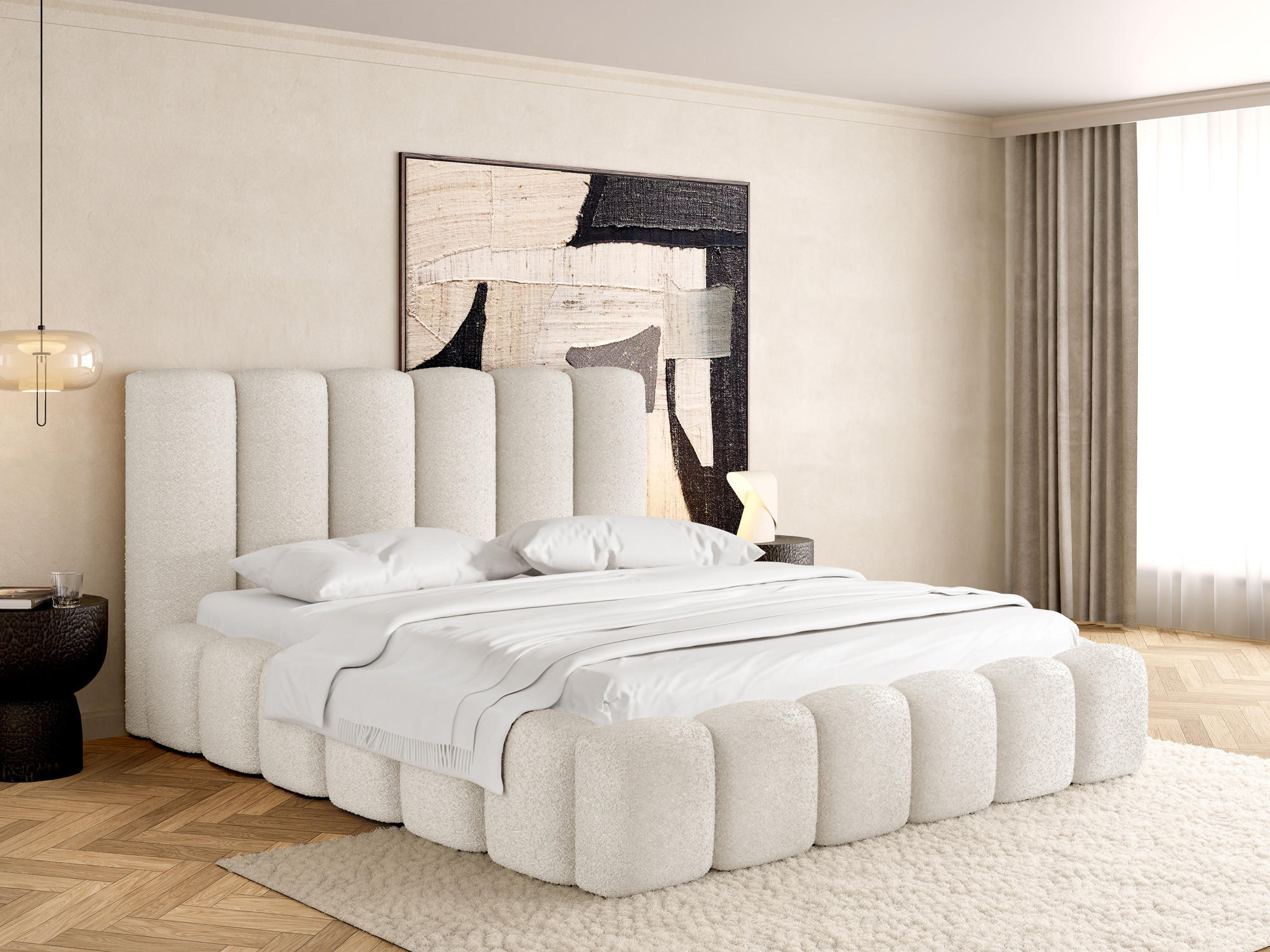 POLSTERBETT Serenity mit Bettkasten, Creme Boucle 200x200 cm - Birkefarben/Schwarz, Holz/Holzwerkstoff (200/200cm) - WFL GROUP