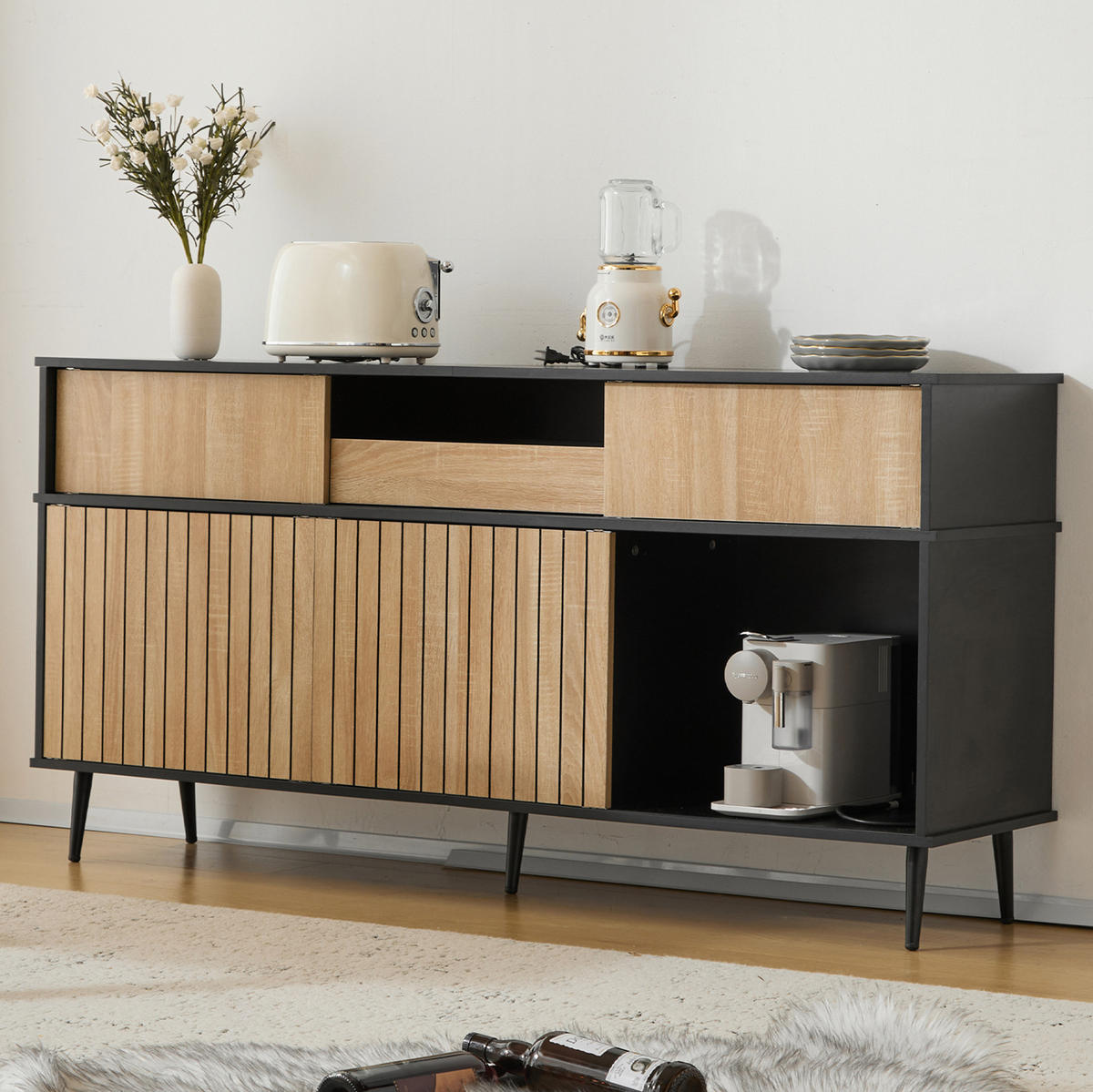 KOMMODE 160/40/80 cm aus Spanplatte mit 4 Schiebetüren und 1 Schublade Schwarz/Natur - Schwarz, Holzwerkstoff (160/80/40cm) - Modenvie