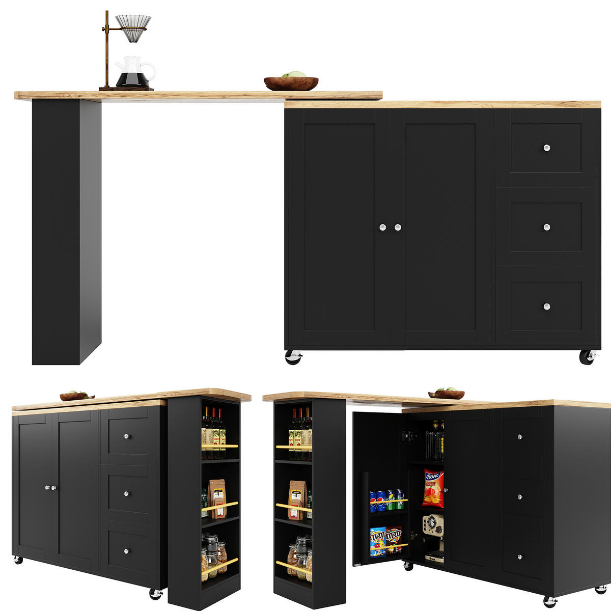 KÜCHENINSEL 135-203/39/106 cm aus MDF mit 360°-Drehfunktion und Rollen Schwarz - Schwarz, Holzwerkstoff (203/106/39cm) - Modenvie