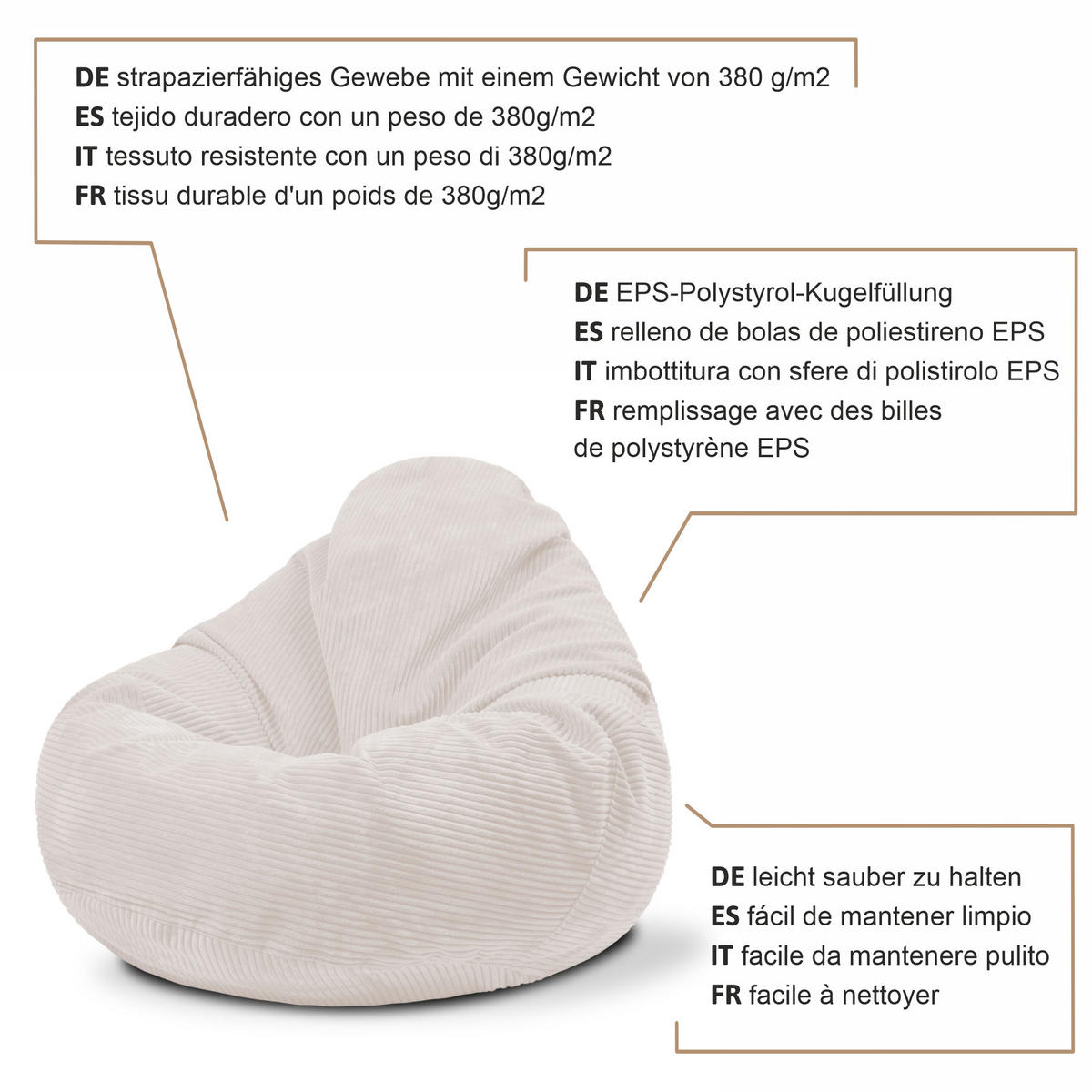 SITZSACK PARADISE MIT FUßSTÜTZE Kordsamt 2-tlg White Dove M - Weiß, Textil (90/100/90cm) - Dreamroots