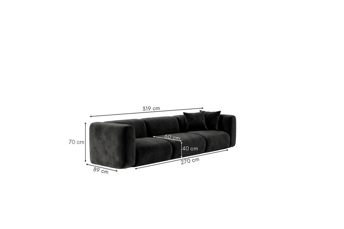 SOFA 3-Sitzer, Velvet-Stoff Bluvel, Schwarz, GRETA - Schwarz, Holz (319/70/89cm) - Kaiser Möbel