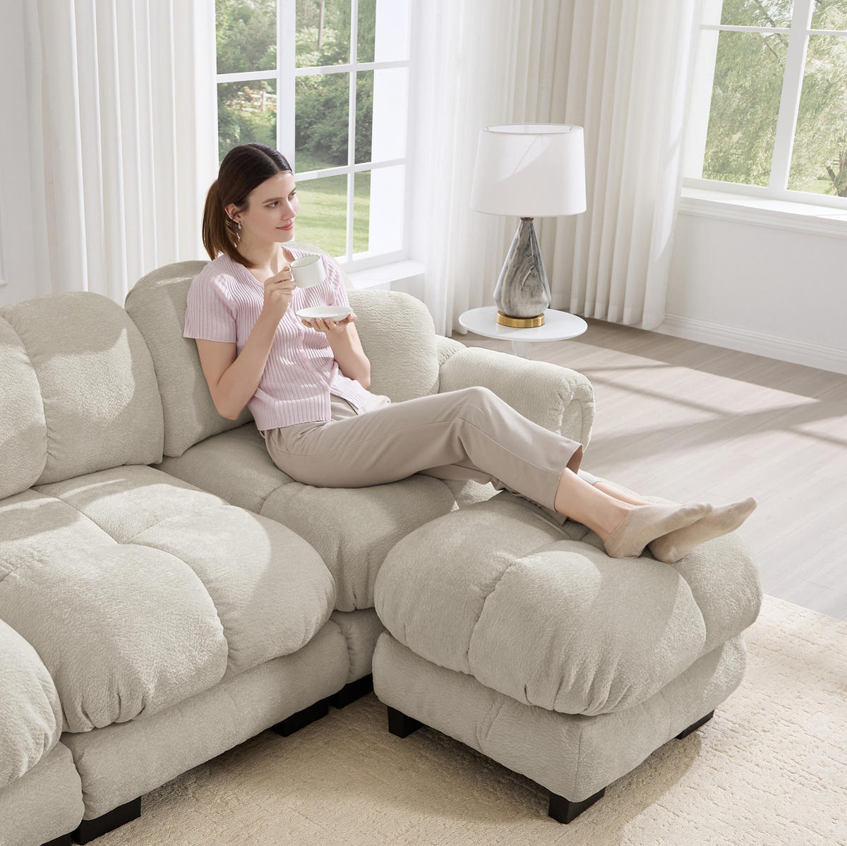 SOFA in U-Form mit 2 mobilen Ottomane Chenille Light Khaki - Hellbraun, Holz (149/90/330.1cm) - Meubliv