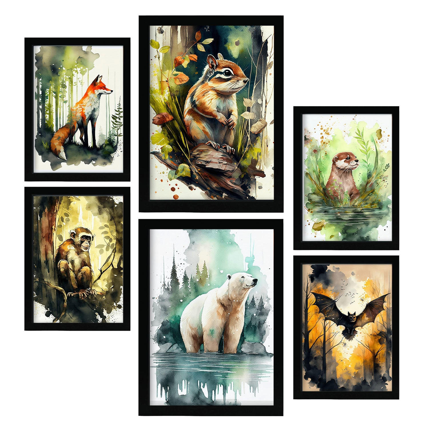 POSTER Set Mit 6 Lebensräume Illustrationen Von Tieren In Naturlandschaften, Realistischer Aquarellstil Innenarchitektur A3 & A4 Schwarzer Rahmen - Schwarz, Papier (29/3cm) - Nacnic