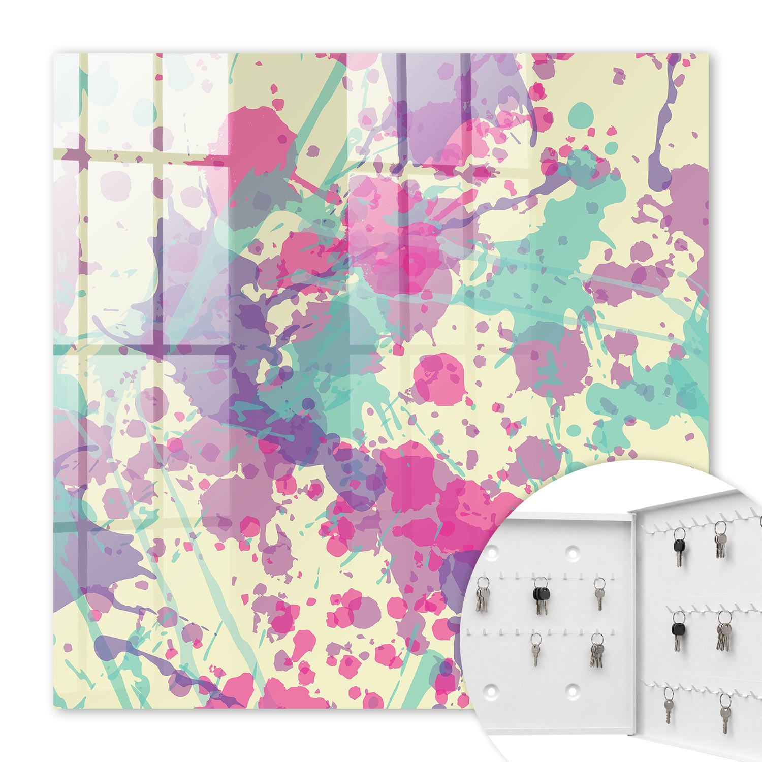 SCHLÜSSELBOX Weiß 30x30 cm – Türöffnung nach rechts - Farbenfrohes Chaos - Pink, Metall (30/30/5cm) - TULUP