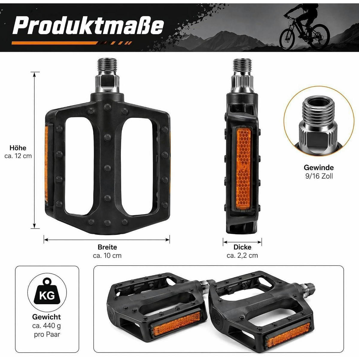 FAHRRADPEDALE 9/16 Zoll Aluminium mit Reflektoren Schwarz - Schwarz, Metall (10/1.5/12cm)