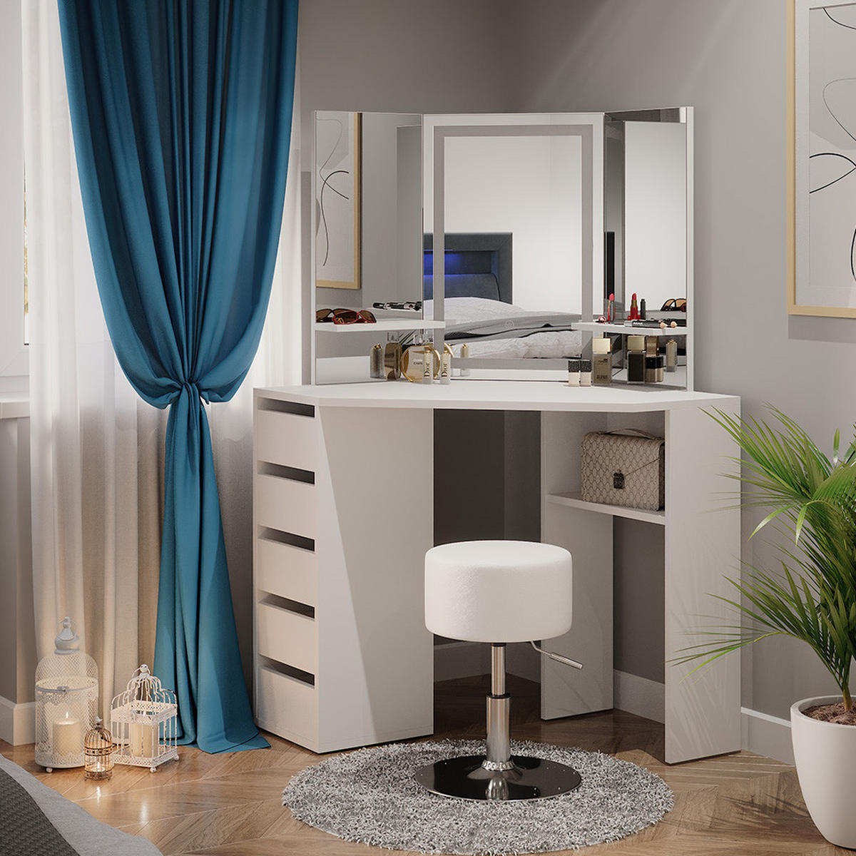 ECKSCHMINKTISCH Arielle Weiß 110 cm mit LED-Spiegel und Hocker - Weiß, Holzwerkstoff (110/141.5/54cm) - Vicco