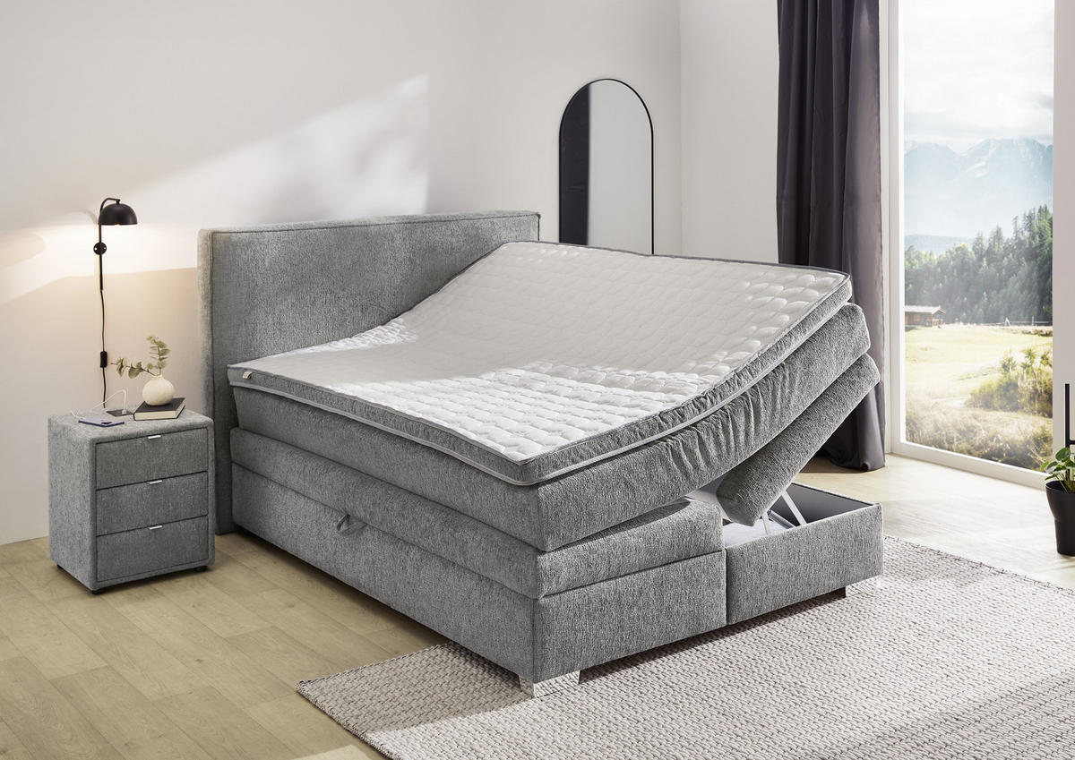 BOXSPRINGBETT 140x200 cm, 7-Zonen-Tonnentaschen-Federkernmatratze H4, Topper, Bonell-Federkern, 2 große Bettkästen, Chenille Grau / 20010 - Chromfarben/Grau, Kunststoff/Textil (140/200cm) - luma-home