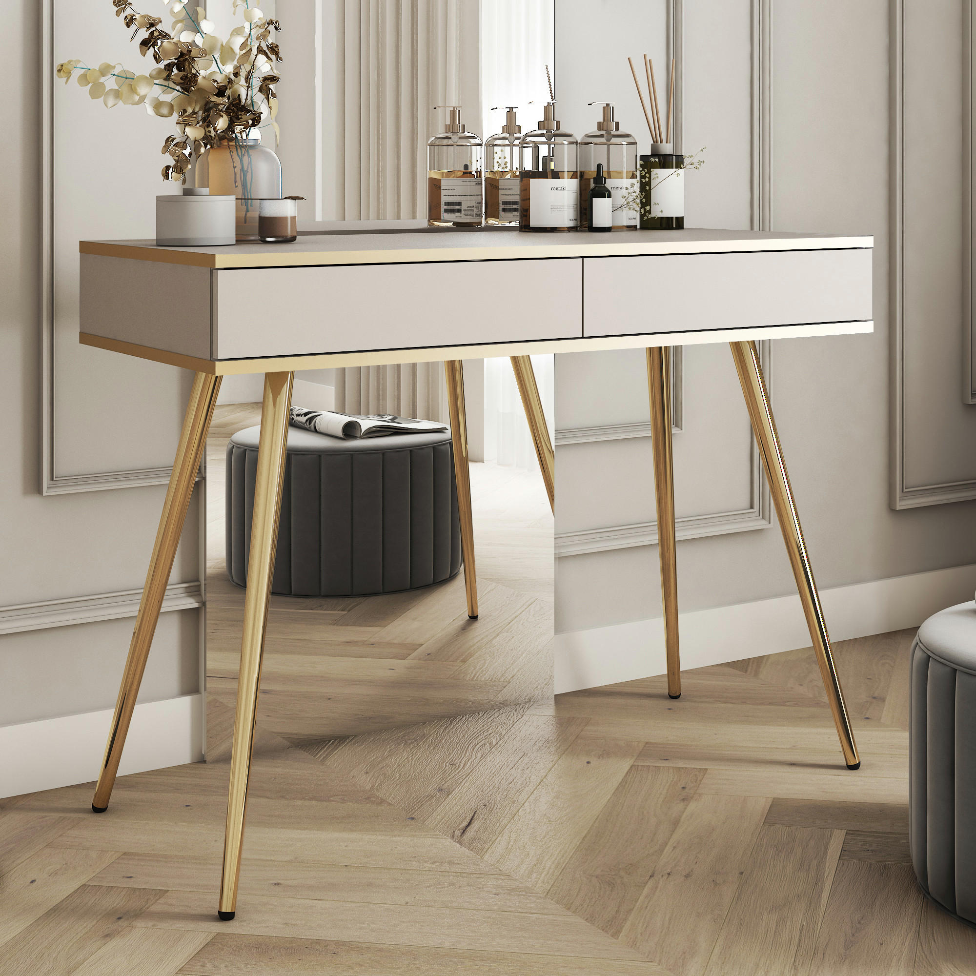 SCHMINKTISCH BANFF TOA1-2S Goldene Metallbeine, Beige - Beige, Holzwerkstoff/Kunststoff (102/80/50cm) - Komodee