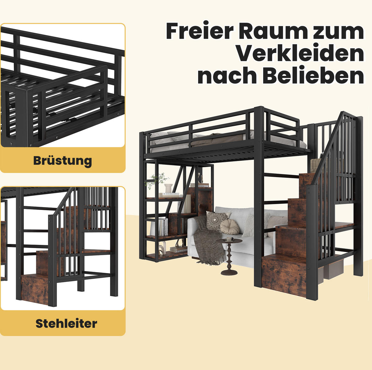 HOCHBETT 90/200 cm aus Metall und MDF mit LED-Beleuchtung, Ablage und Stauraum - Schwarz, Holzwerkstoff (90/200cm) - Flora Grace