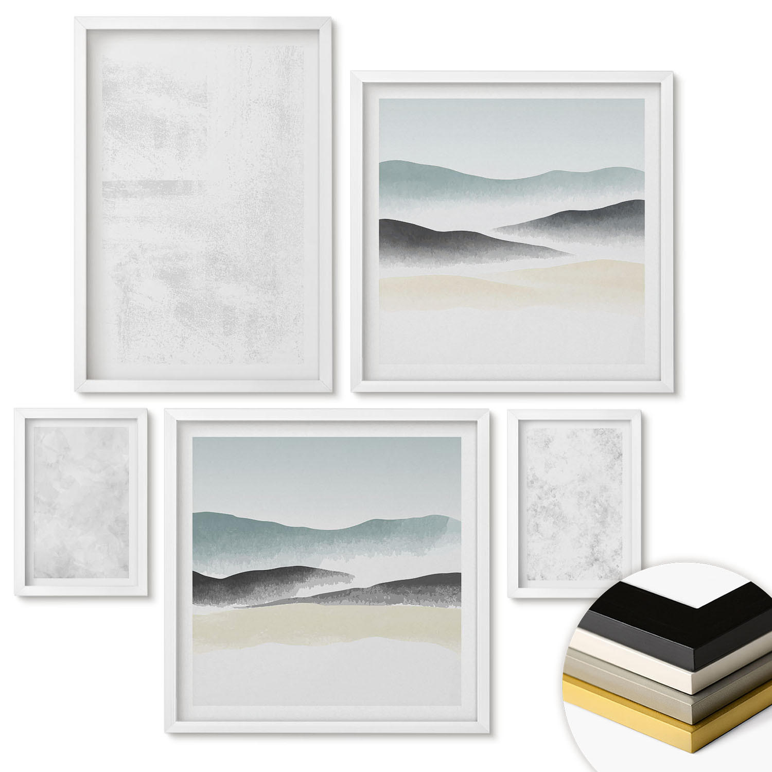 WANDBILDER 5er-Set - 50x50 cm & 20x30 cm & 40x60 cm Weißer Rahmen - Weiße Flecken auf Leinwandhintergrund - Weiß, Kunststoff (40/60cm) - ArtPrintCave