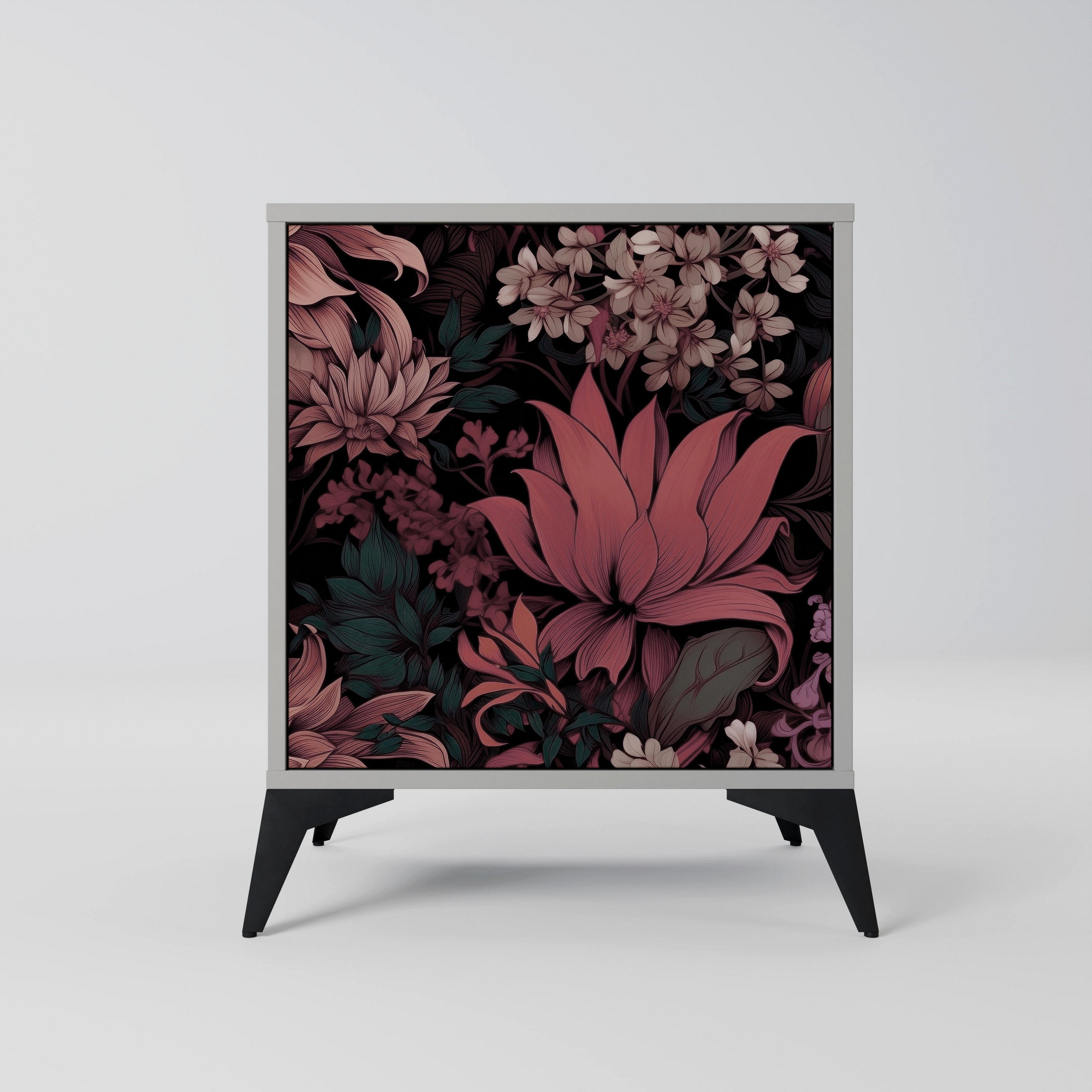 SIDEBOARD FLORAL WHISPER, Grau, 57,5x42x70,5 cm, Schwarze Metall-Sternfüße - Multicolor/Schwarz, Holzwerkstoff/Metall (57.5/70.5/42cm) - SpaceRebels