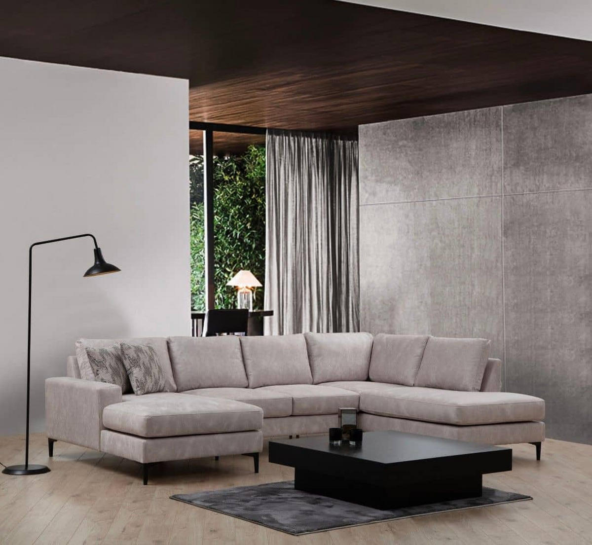 WOHNLANDSCHAFT mit großzügiger Sitzfläche für die ganze Familie - Beige/Schwarz, Holzwerkstoff/Kunststoff (200/90/314cm) - myHomelando