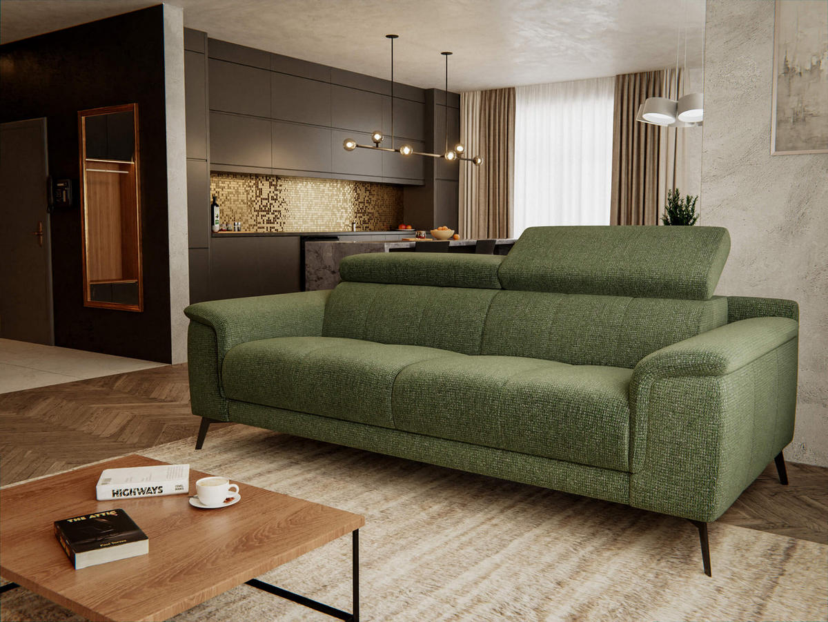 SOFA FIERO 3-Sitzer, olivgrün - Schwarz/Olivgrün, Holzwerkstoff/Textil (212/82/103cm) - Courtois Laville